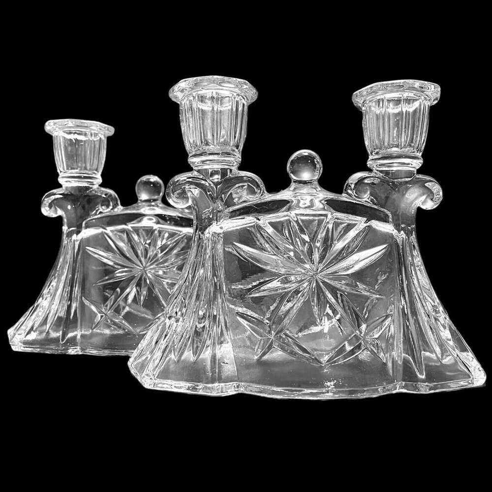 Vintage 1960s Anchor Hocking Prescut Double Taper Candle Holders Set (2) Glass